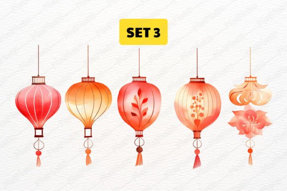 Download Watercolor Oriental Lantern Clipart Set - Set Collection