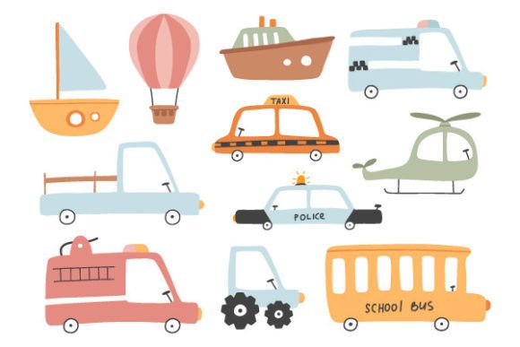 Download Cute Transport Set, Cartoon Cars Icons - Set Collection
